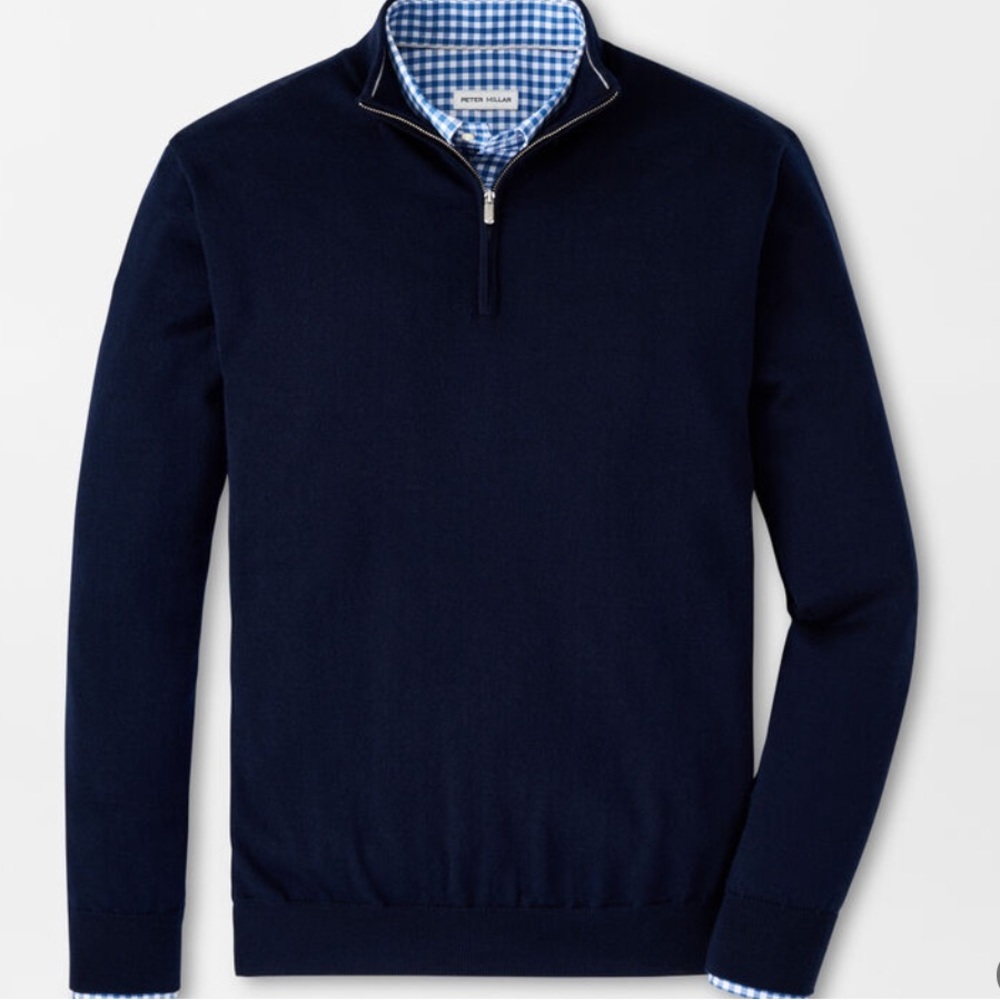 Peter Millar autumn crest suede trim quarter zip navy wool sweater size XXL